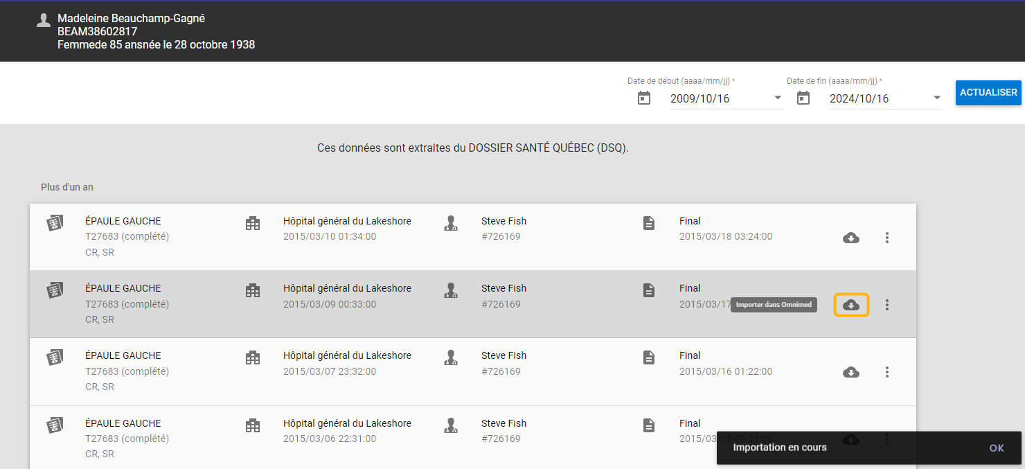 Import patient results from QHR viewer